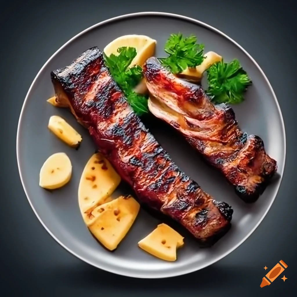 Roasted sliced barbecue beef ribs with parsley, barbecue sauce, and cheese