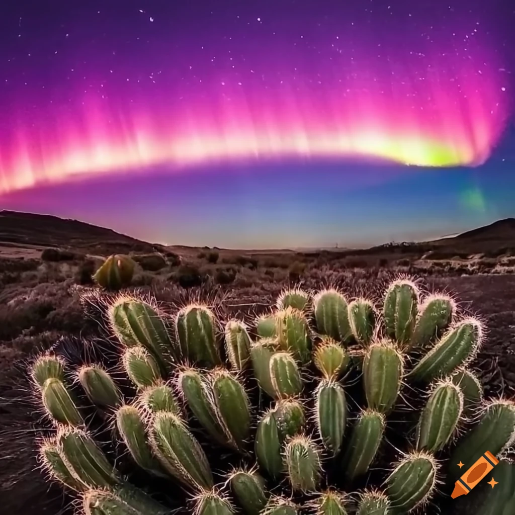 Heart-shaped cactus in the desert under northern lights
