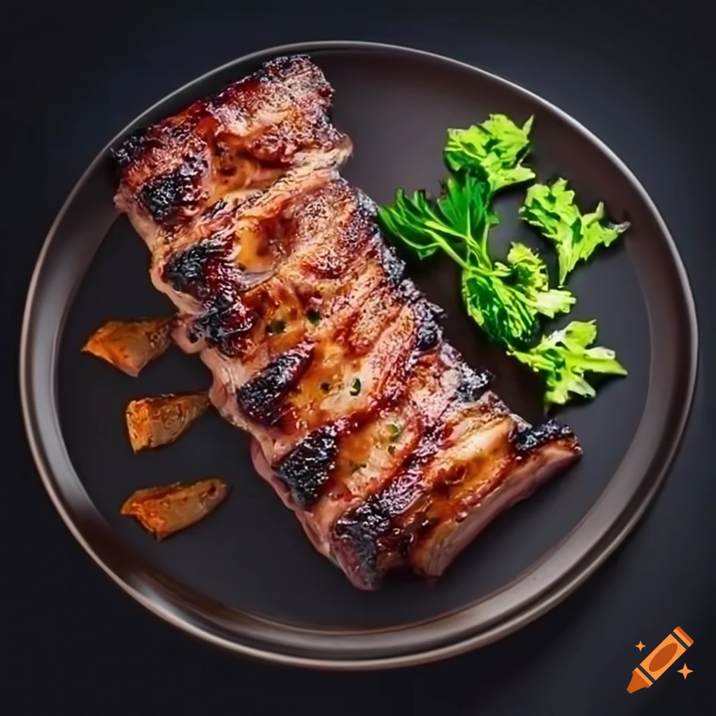 Roasted sliced barbecue beef ribs with parsley, barbecue sauce, and