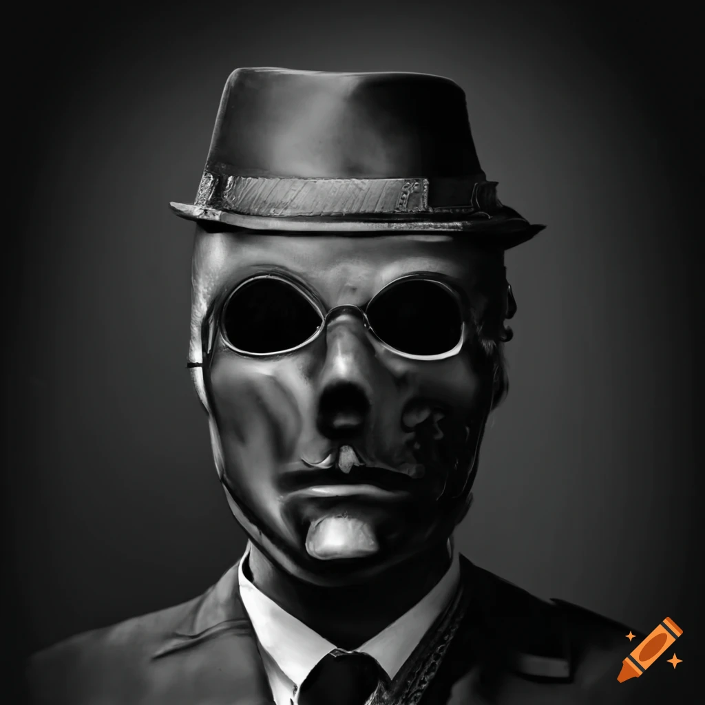 Monochrome image of 1930s gangster with gothic half-mask