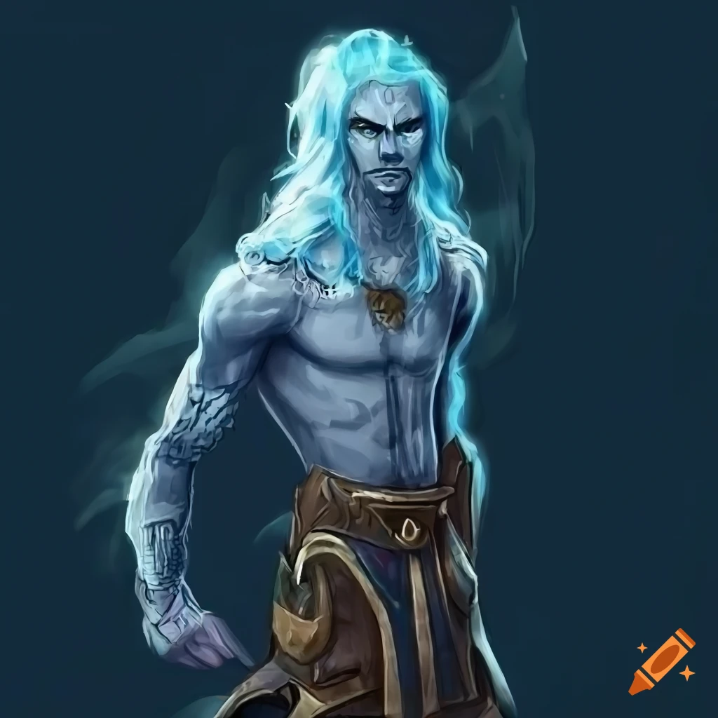 Male air genasi in a light monk costume with a quarterstaff
