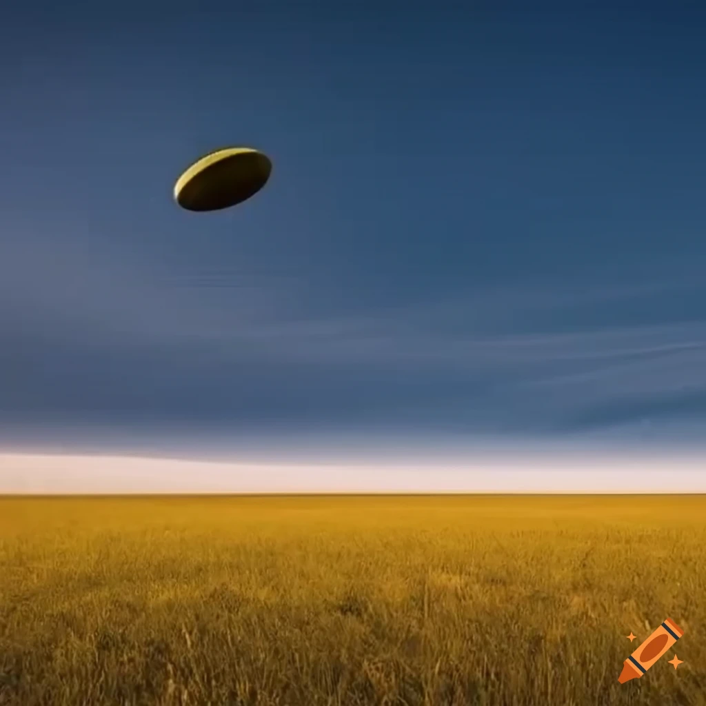 Yellow flying saucer UFO over a field of dead grass in daylight