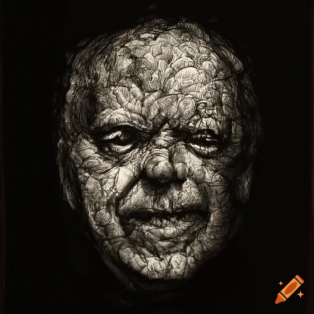 Ink drawing of an irate man's face with fine details