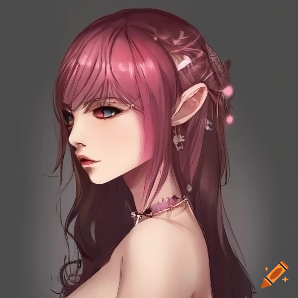 Ethereal young woman with pink and brown hair, moss eyes in anime style
