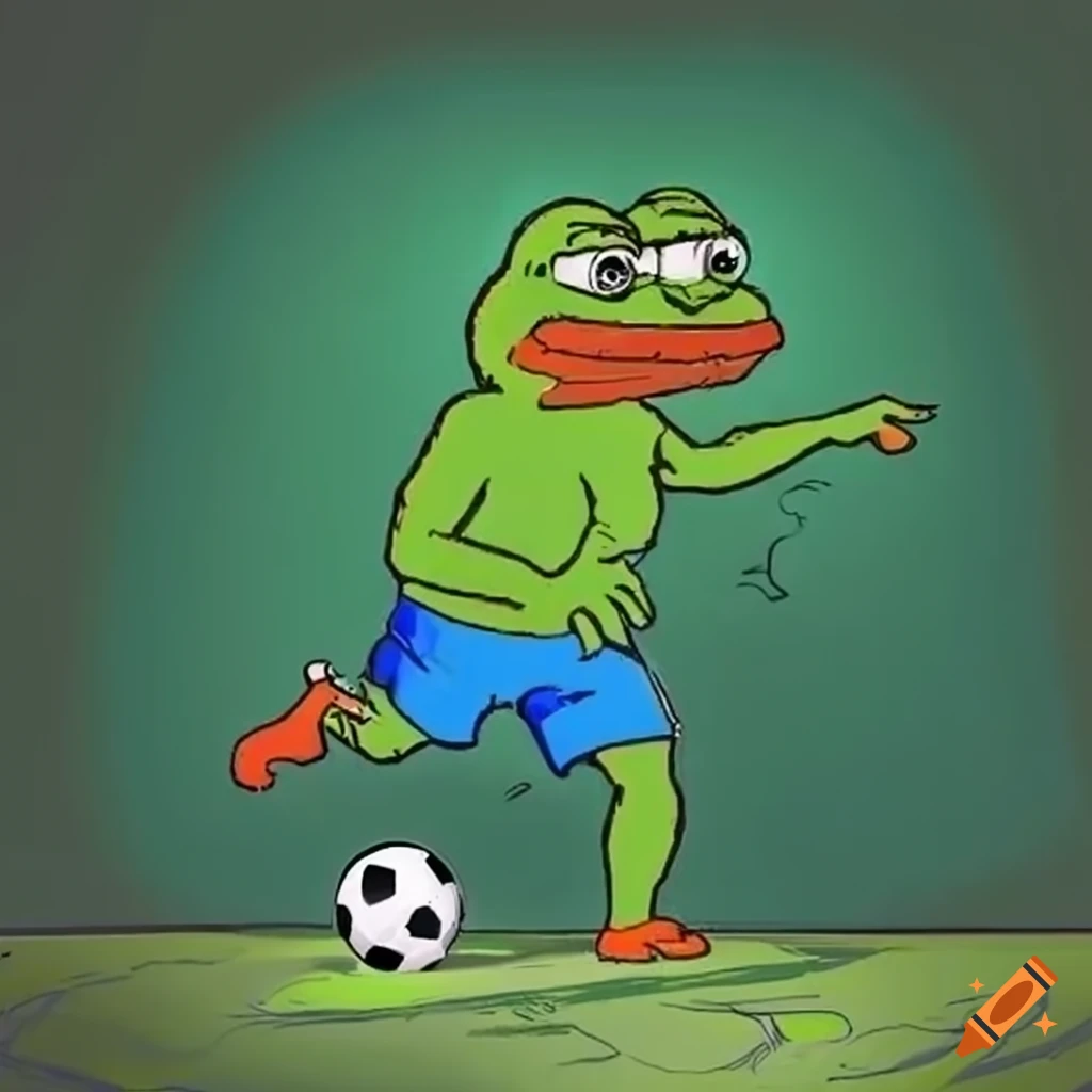 Pepe the Frog playing soccer in a quirky illustration on Craiyon