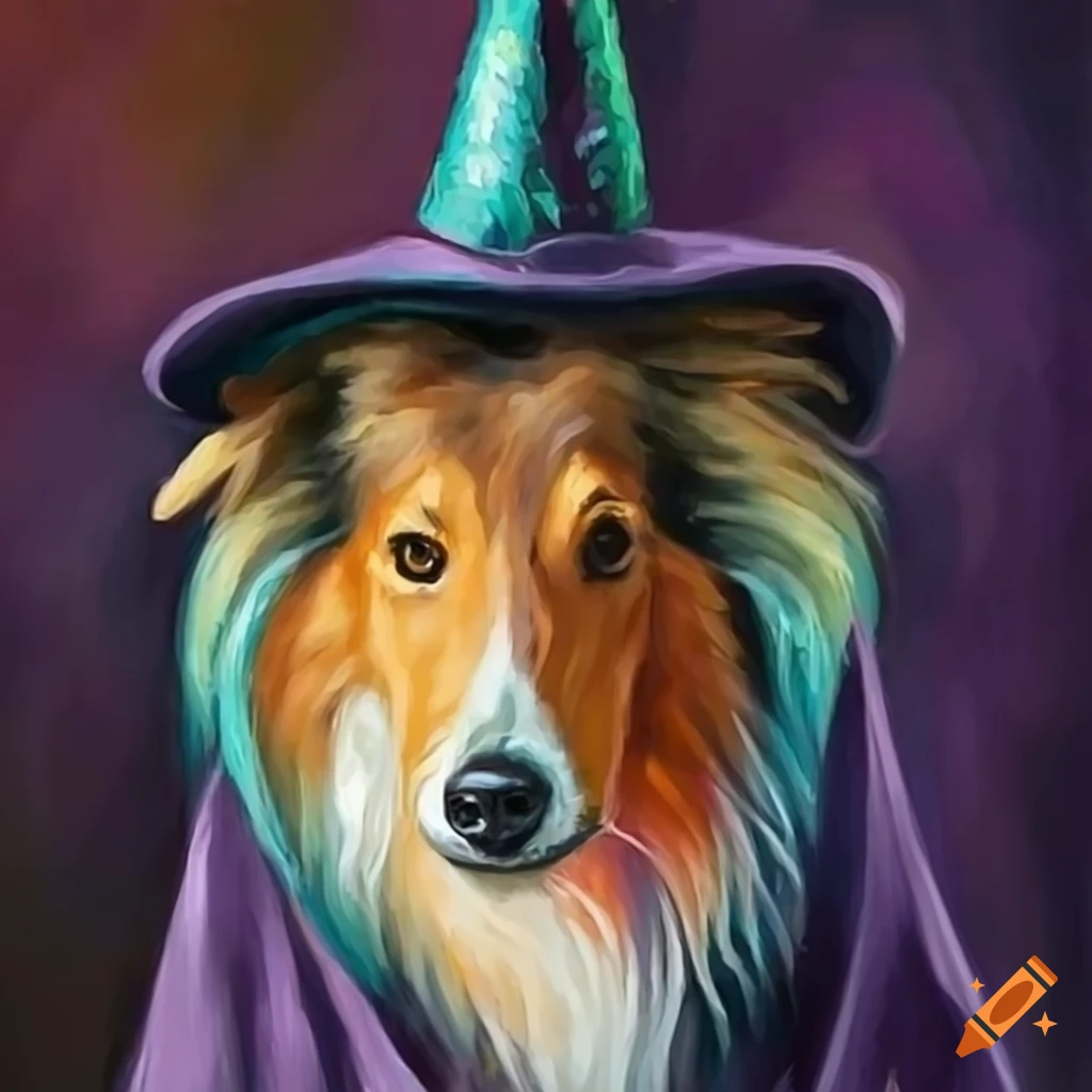 Rough Collie dog in witch attire with crystal ball