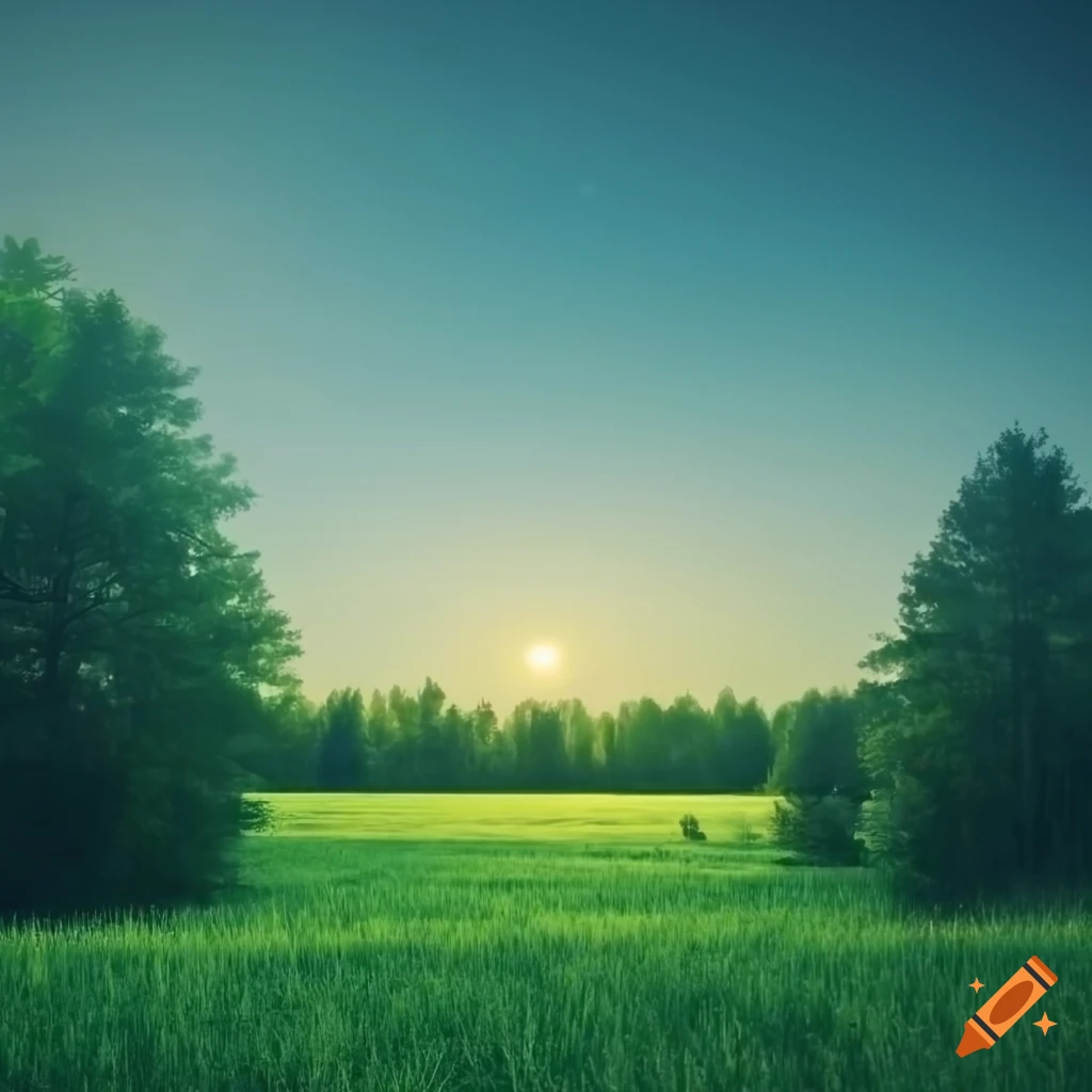 Dreamy forest and green field under a sunny morning sky