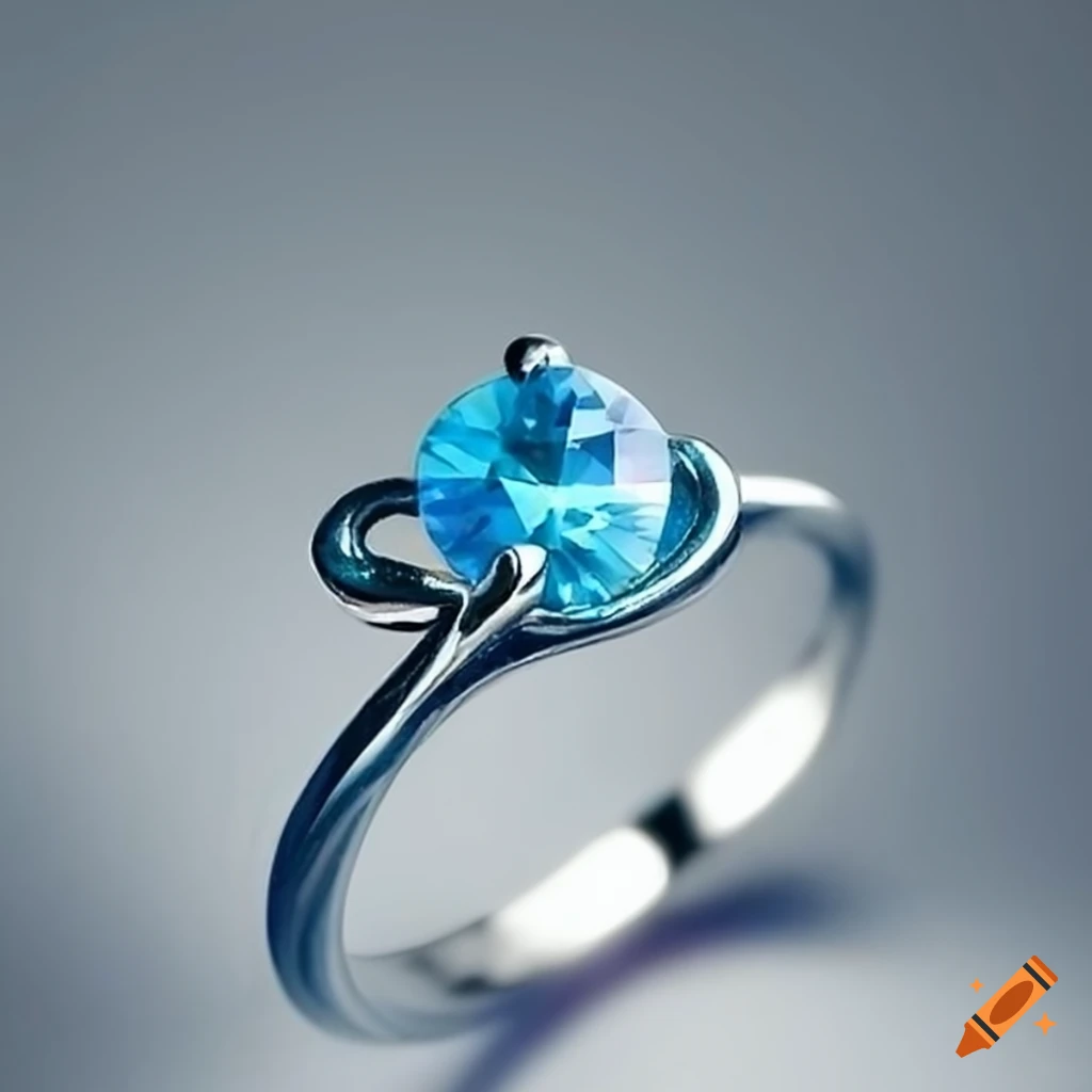Silver engagement ring with light blue gemstone inspired by ocean waves