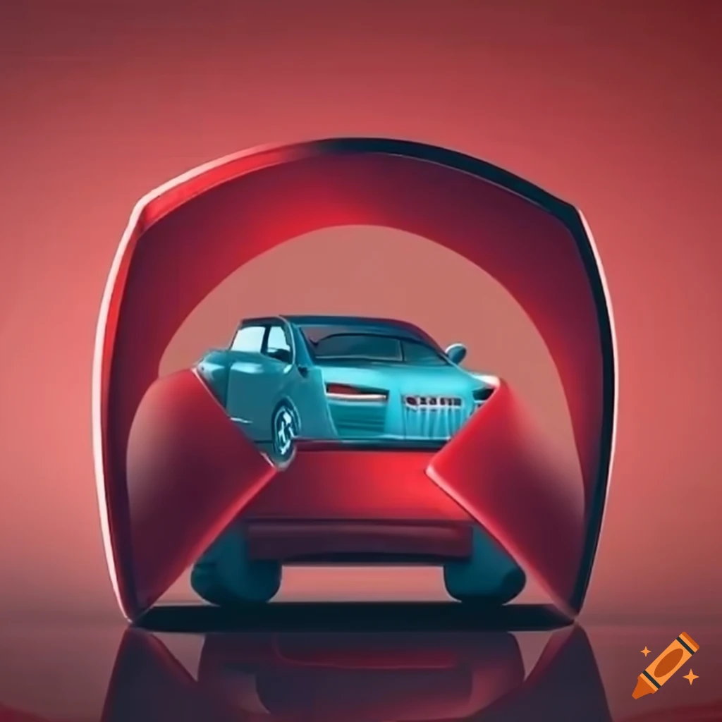 Shield protecting a red-themed car for insurance ad