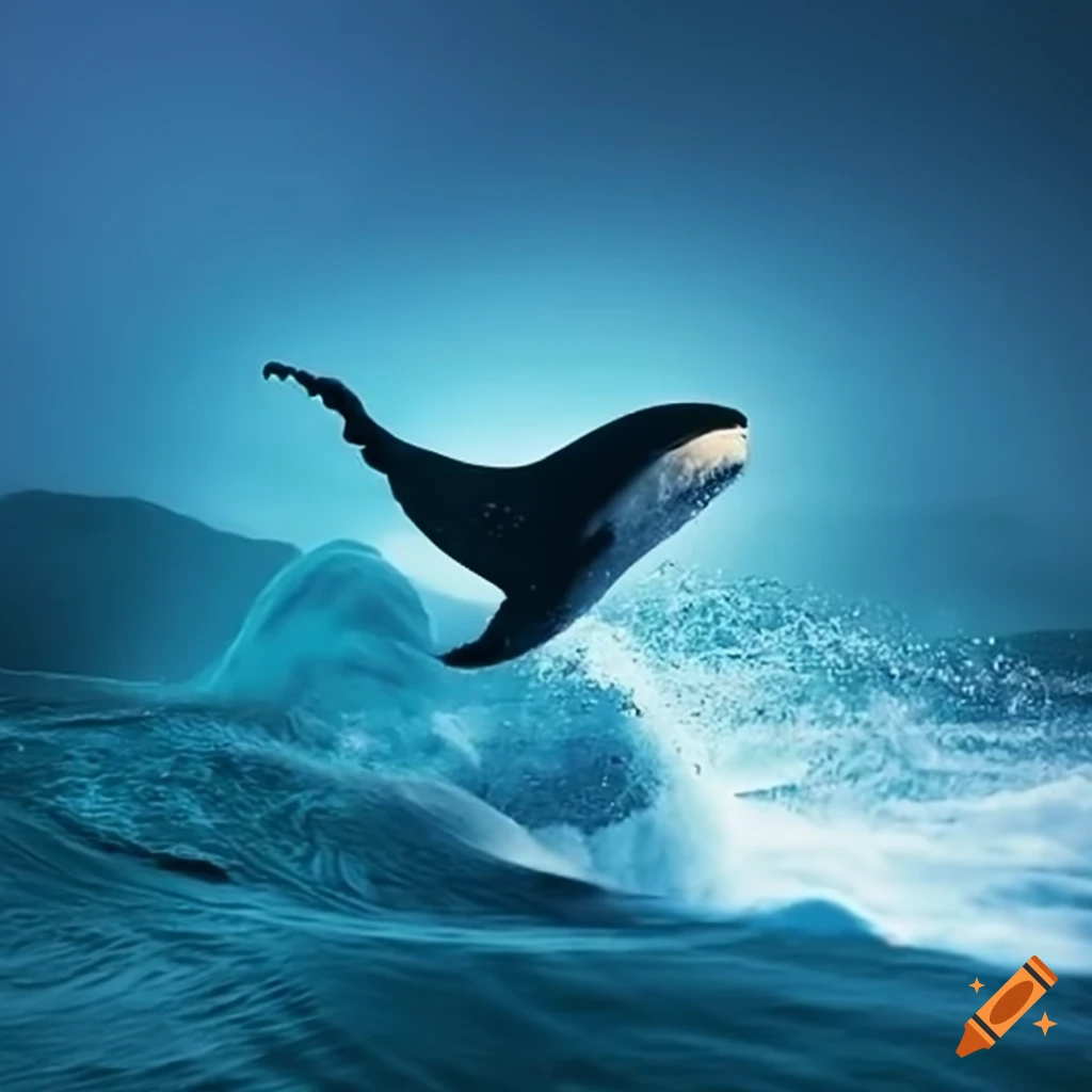 Whale jumping out of a wave with the text 'enerjiii'