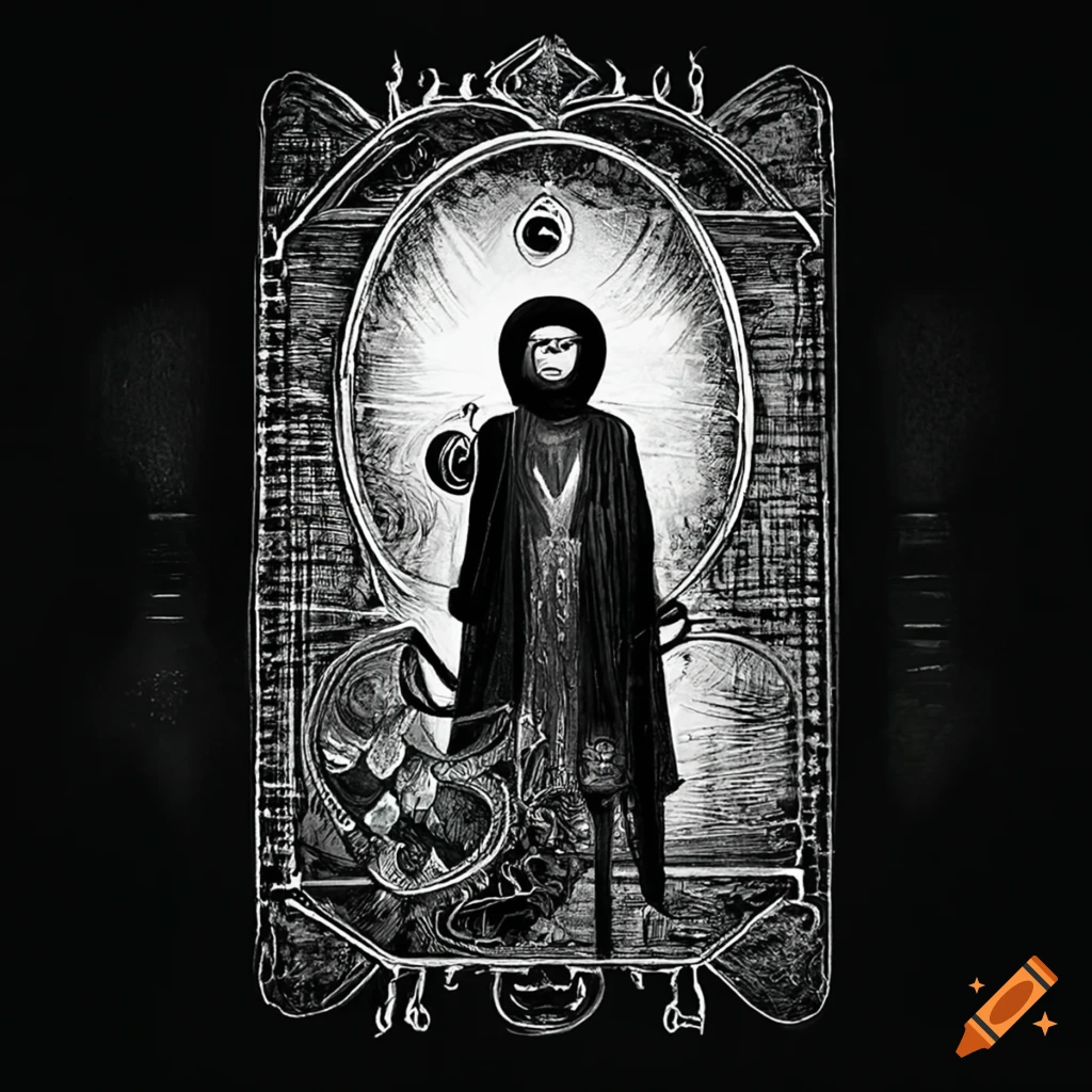 Monochromatic tarot card of the Magician
