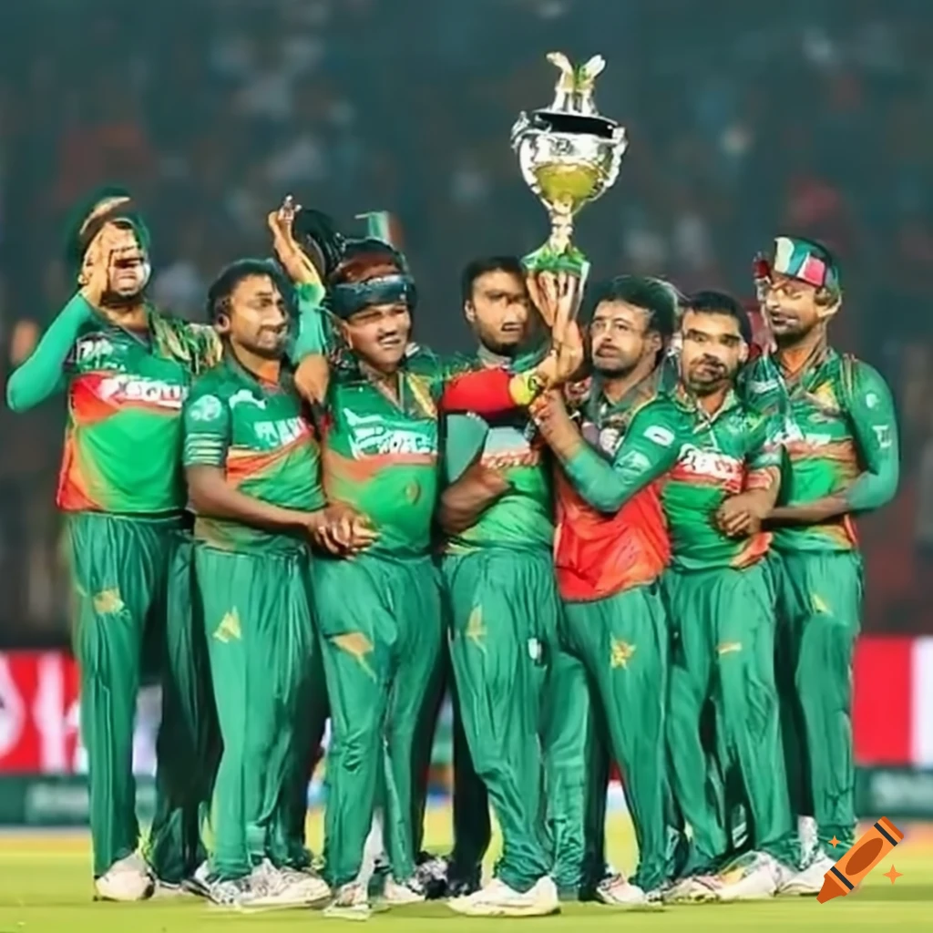 Bangladesh cricket team celebrating World Cup win with trophy