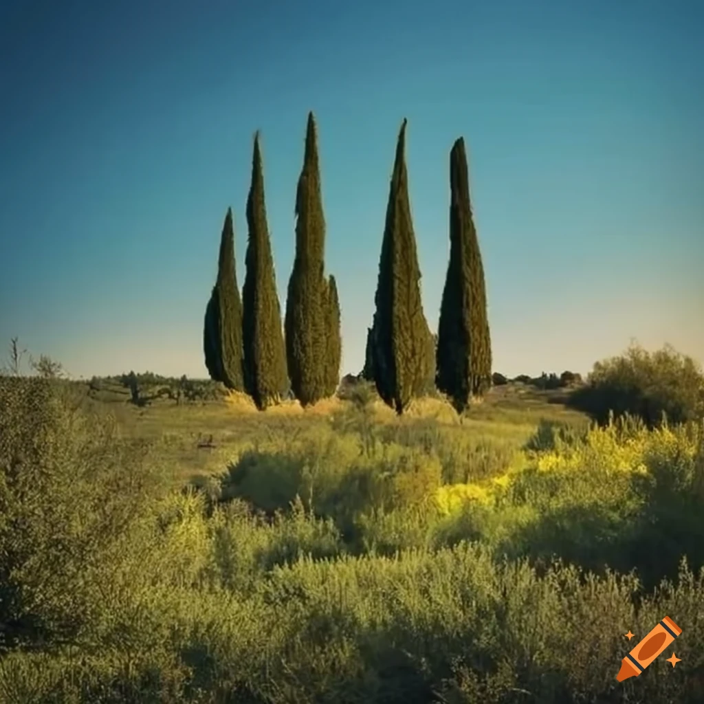 Mediterranean dry garden with aromatic herbs and cypress trees in Tuscany
