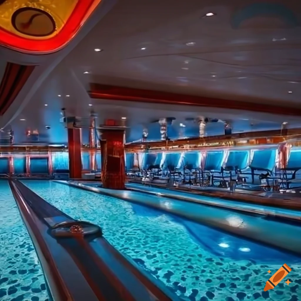 Luxurious cruise ship interior with pool, bowling alley, and bar area ...