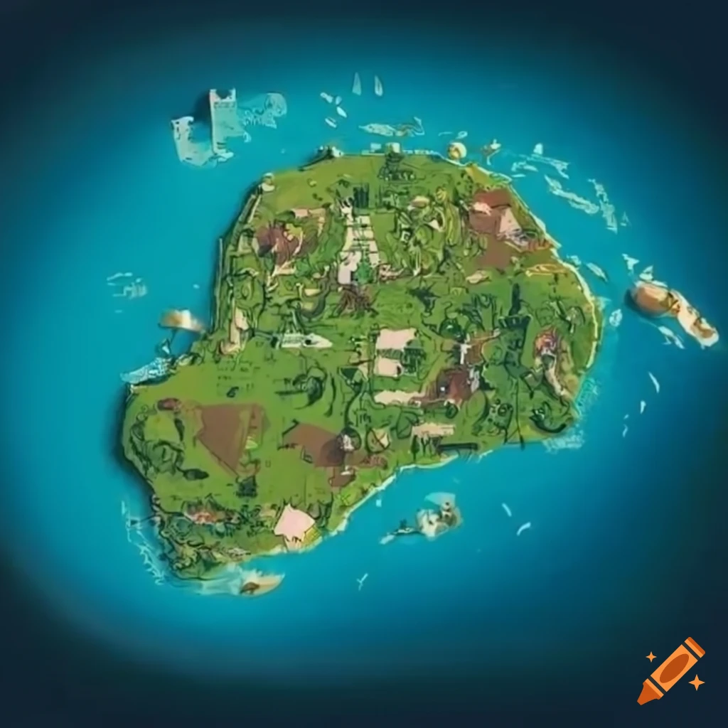 Map of an island with two hospitals, a supermarket, a police station, a school, an institute, and houses with building names