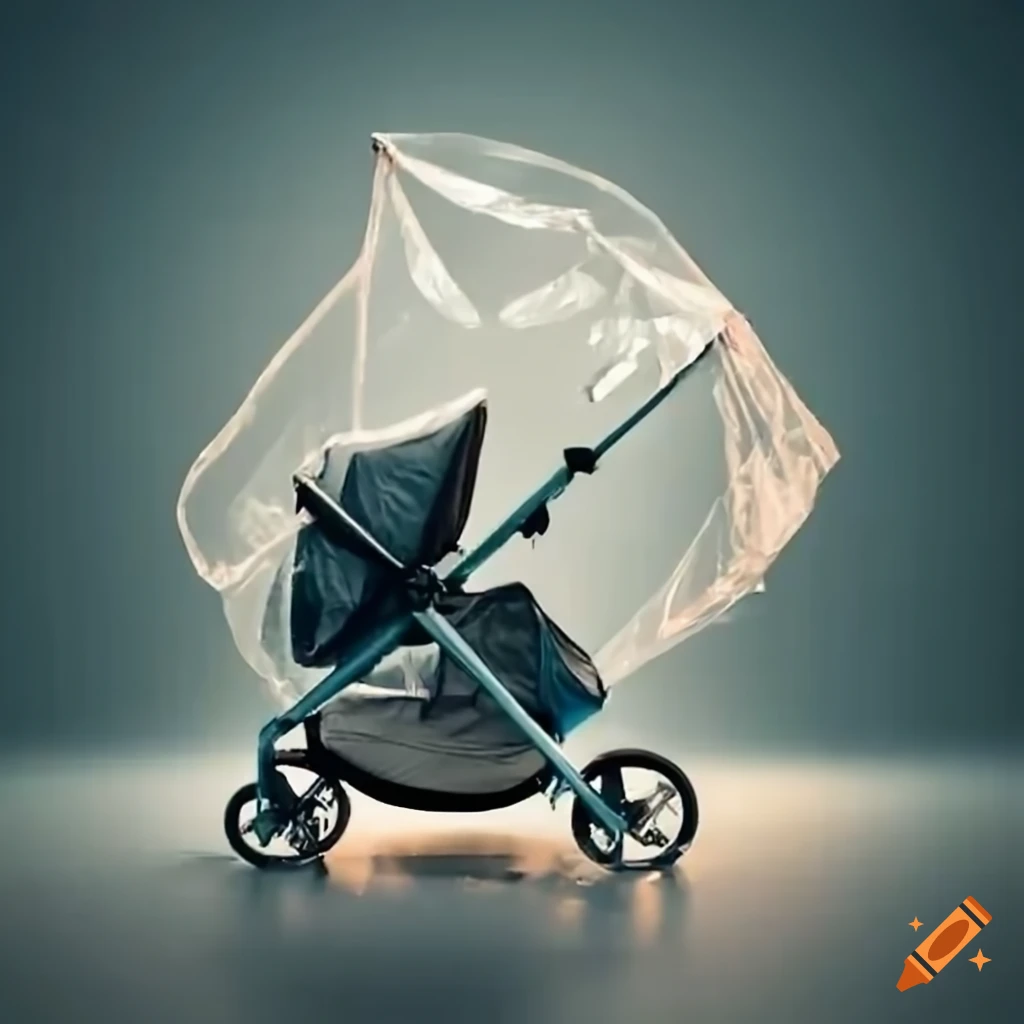 Mother pushing stroller with rain cover on a sunny day