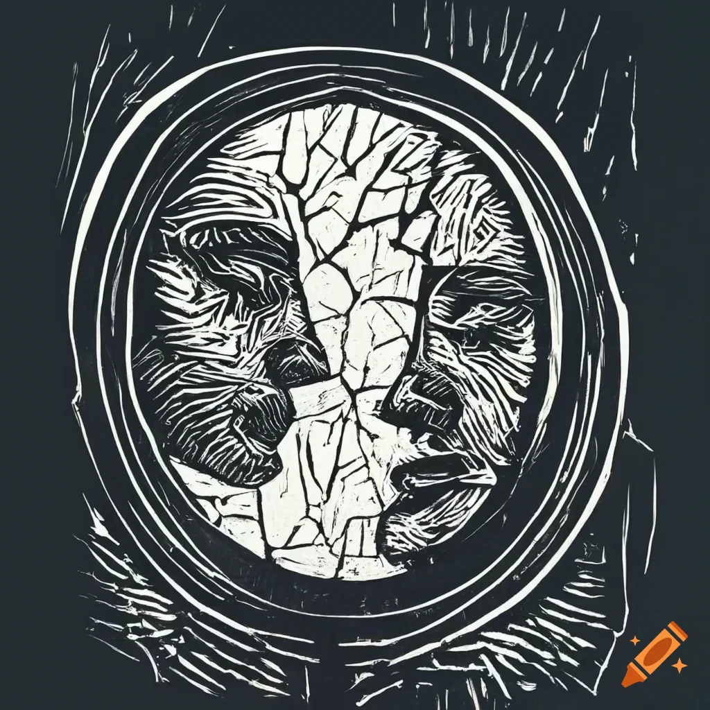 Cracked mirror with a person's reflection in linocut style