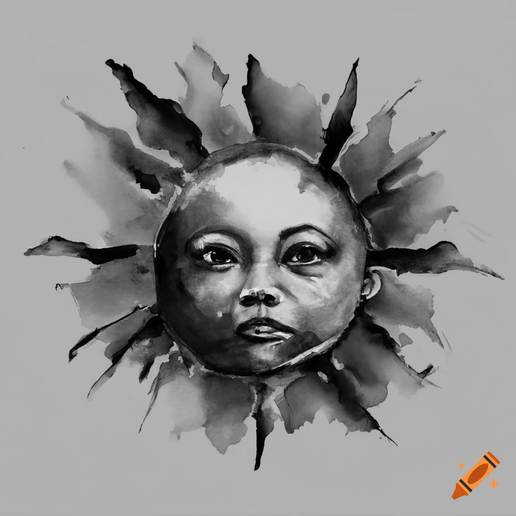 Vibrant watercolor sun with black outline