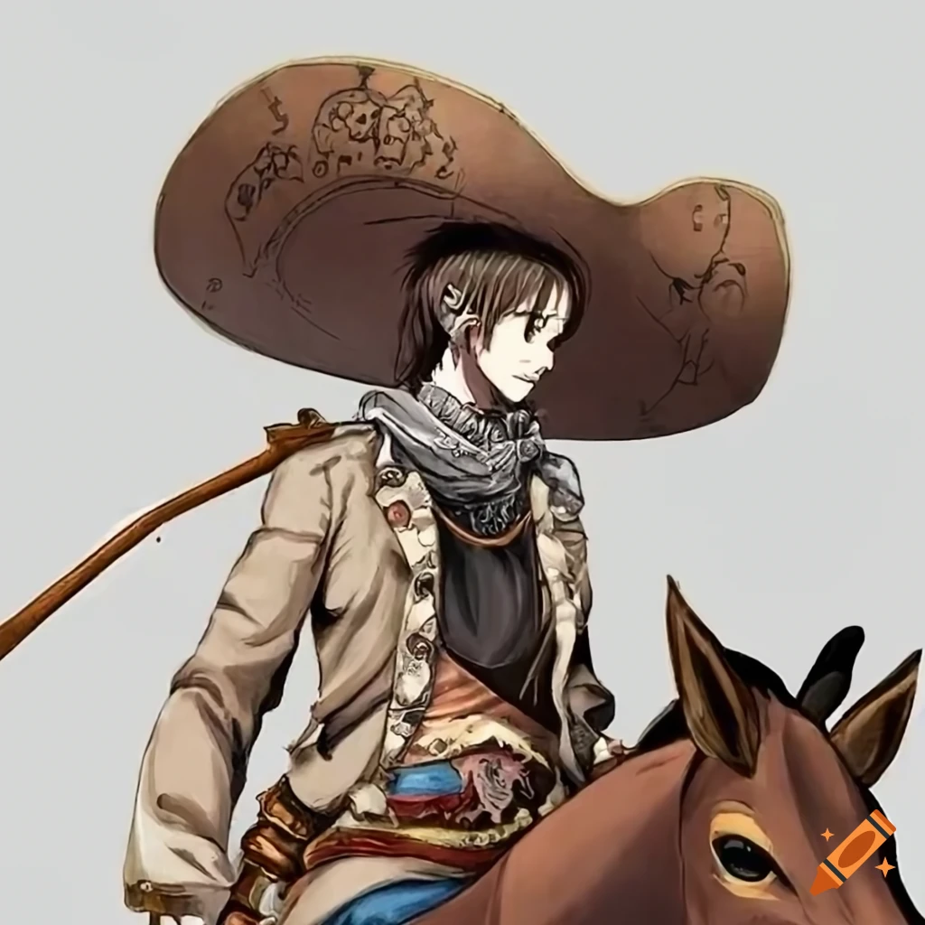 Cowboy with pirate hat riding mule in the vast Westland