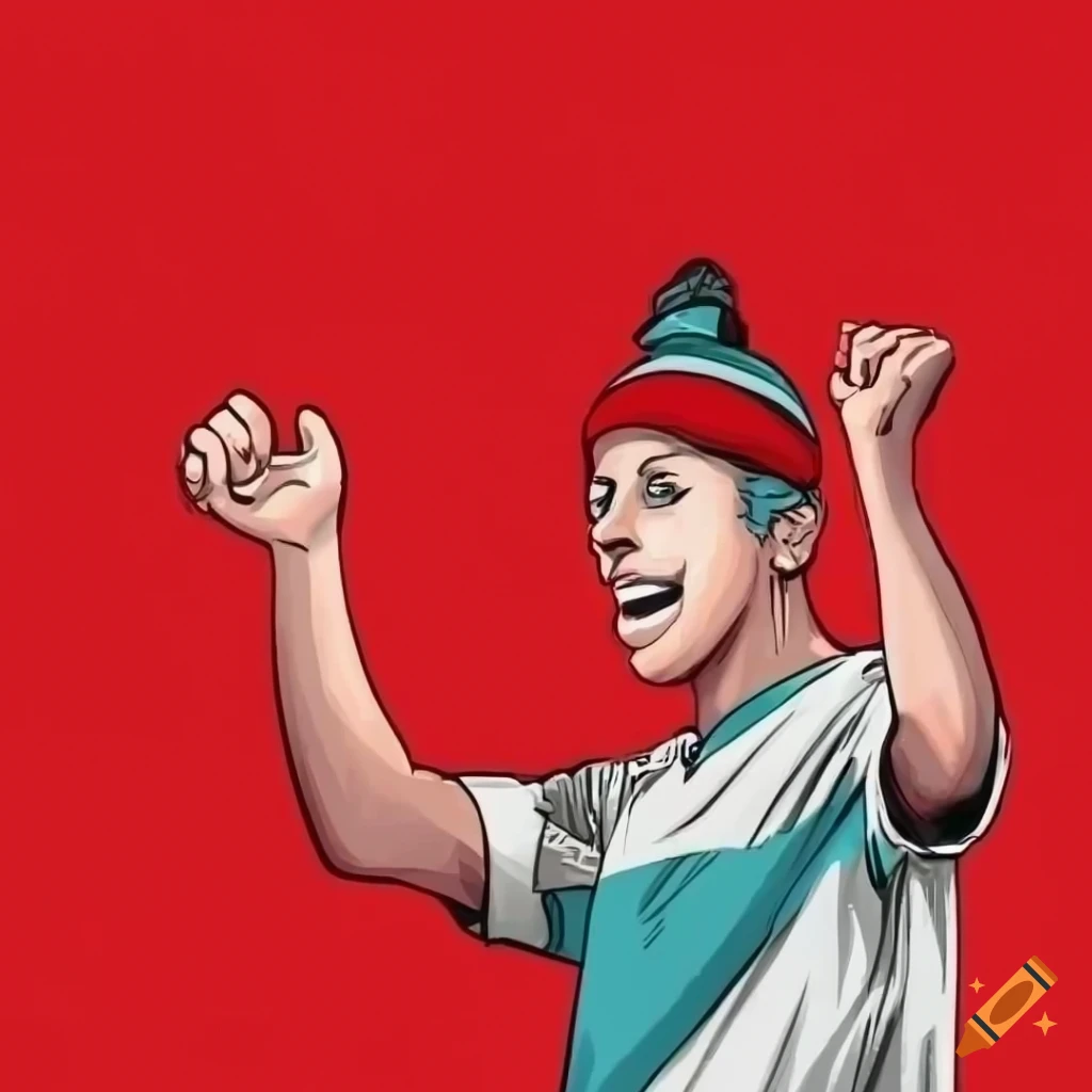 Soccer fan with hat and scarf in hand in black line drawing on white background
