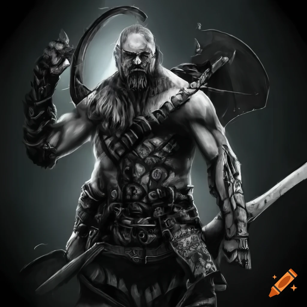 Fierce warrior with battle axe in black and white on Craiyon