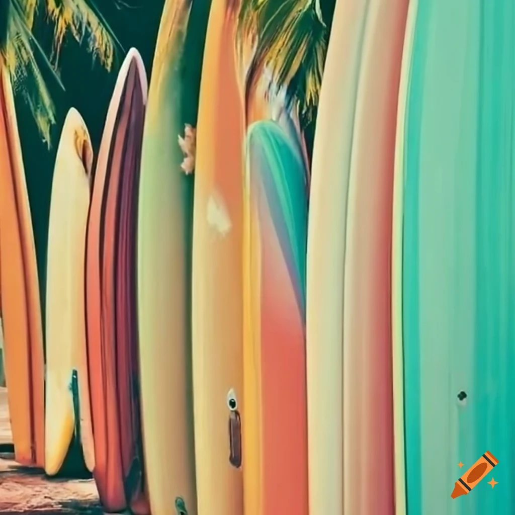 Vintage style surf boards lined up with one leaning on a palm tree