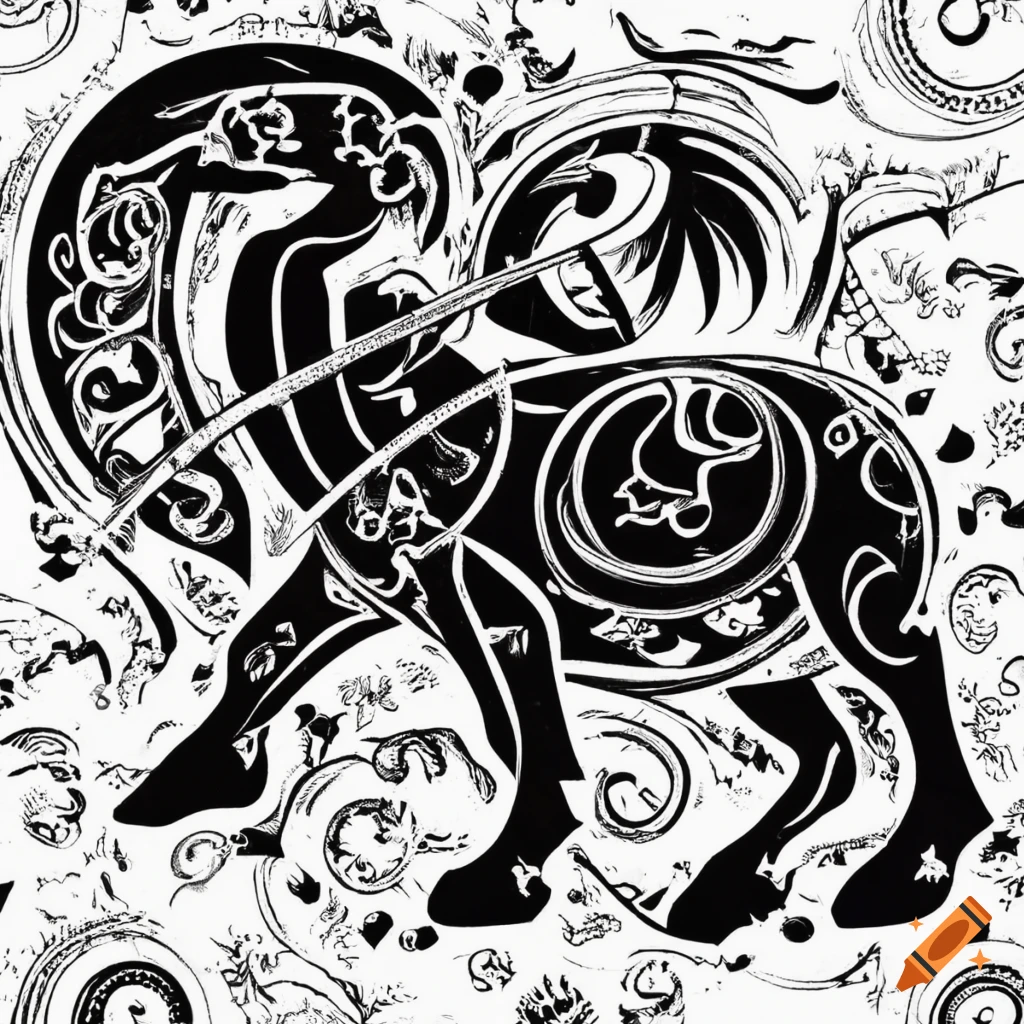 Chinese zodiac cycle in black and white woodcut style