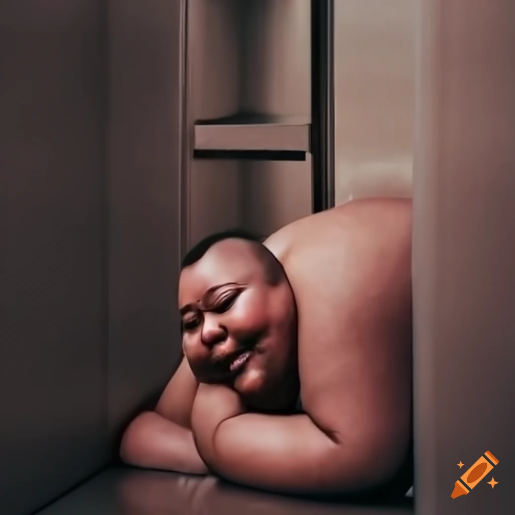 Obese man laying on elevator floor looking happy