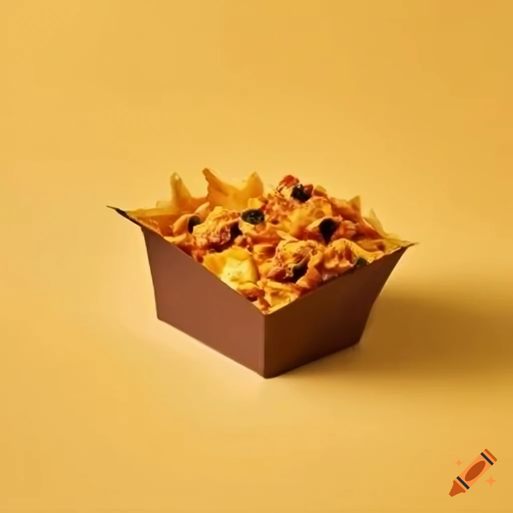 Corn chips with sweet chili nacho cheese in paper container on Craiyon