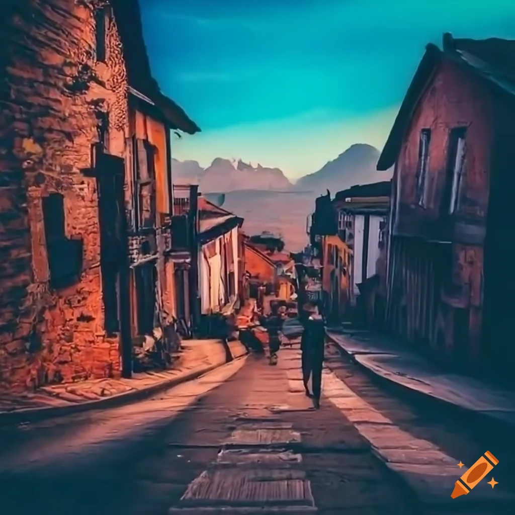 Cityscape with mountains in the background, people walking on an iron sidewalk with modern houses in HD