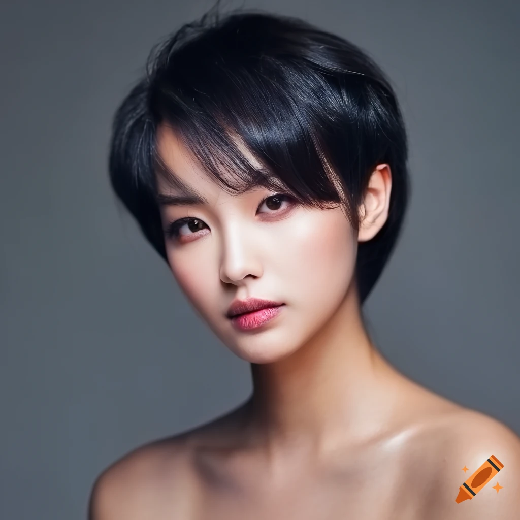 Professional portrait of a beautiful young Japanese woman with short black hair