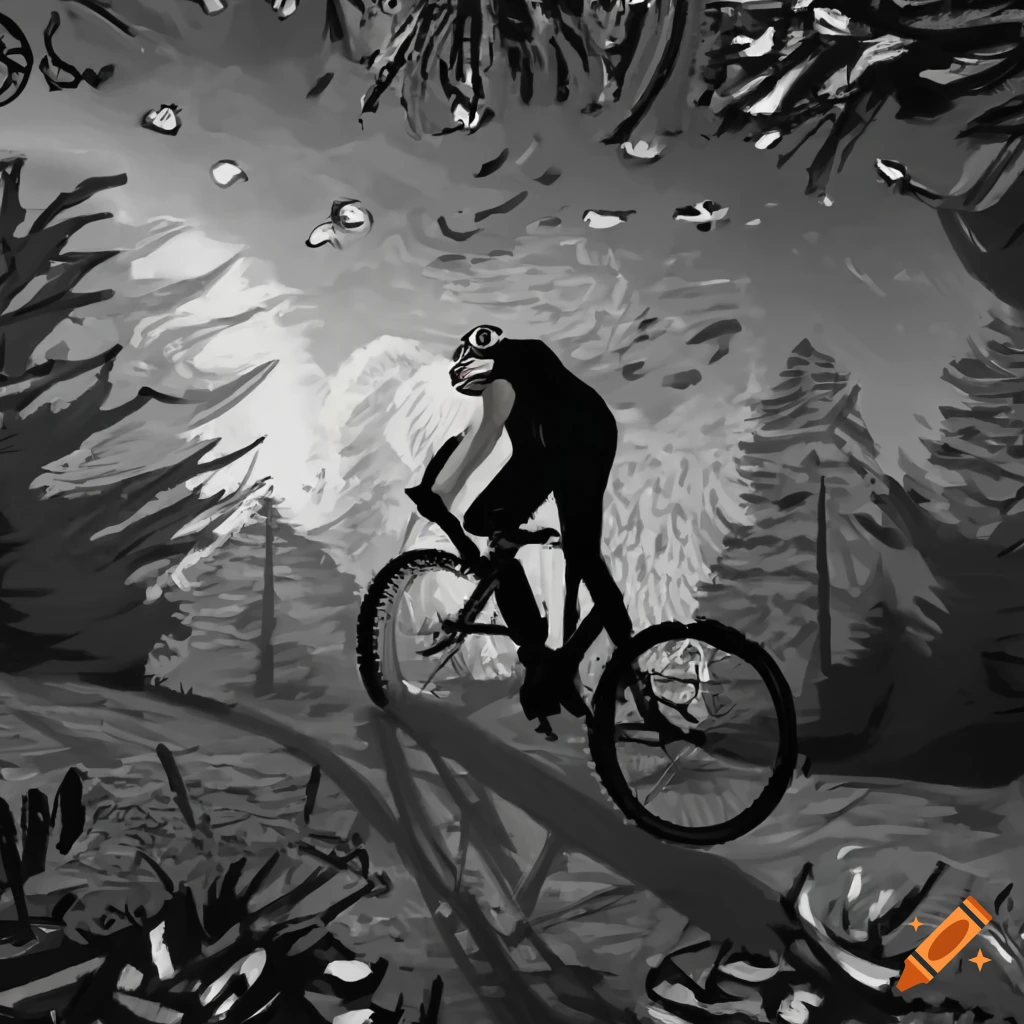 Man mountain biking in a forest with crows in the sky in van Gogh style