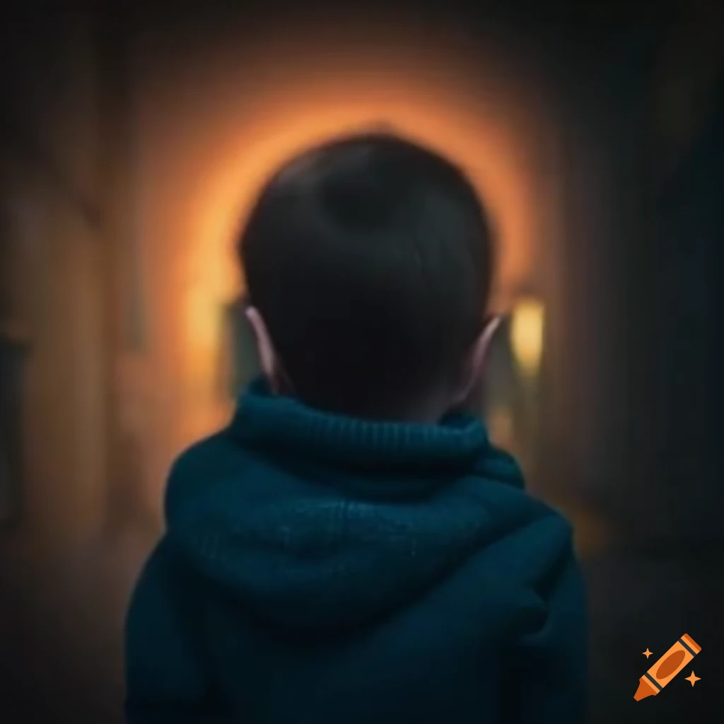 Child with glassy eyes floating in a dark alley
