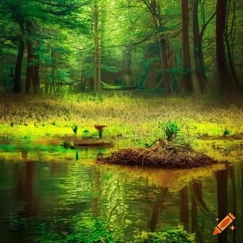 Vibrant woodland scene with ant hills, leafy nests, and a tranquil pond