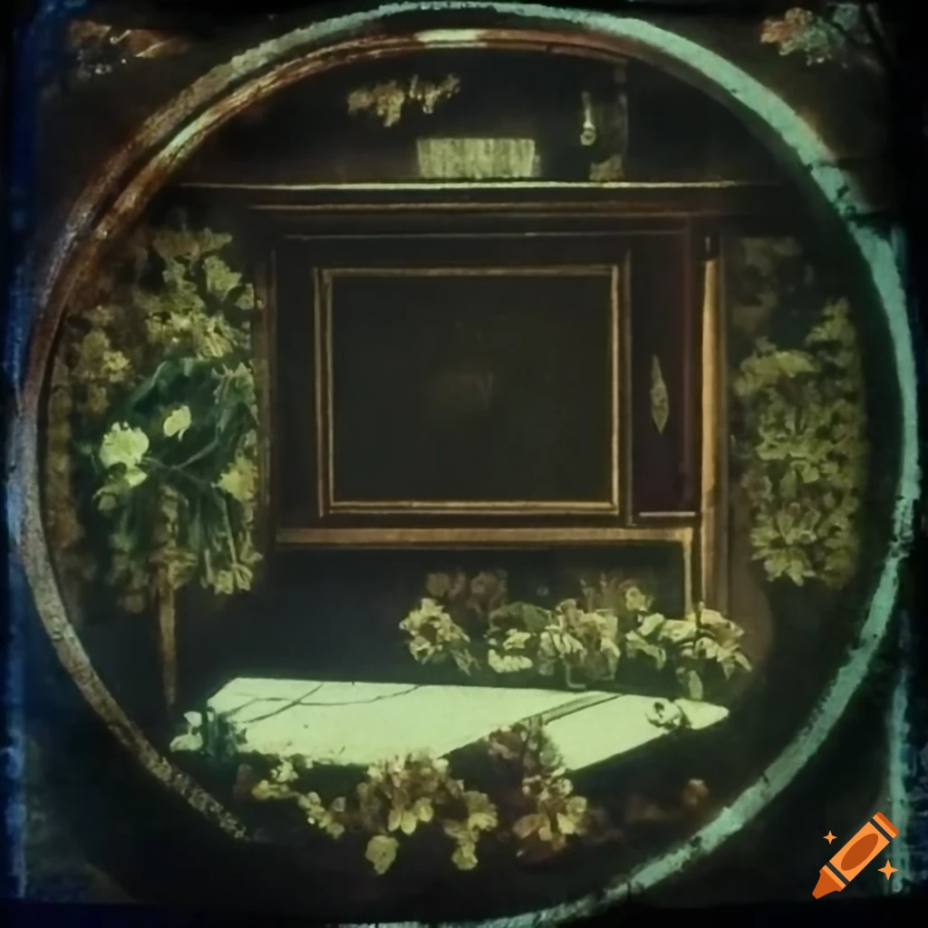 Vintage painting of a piano key in dark setting with floral frame