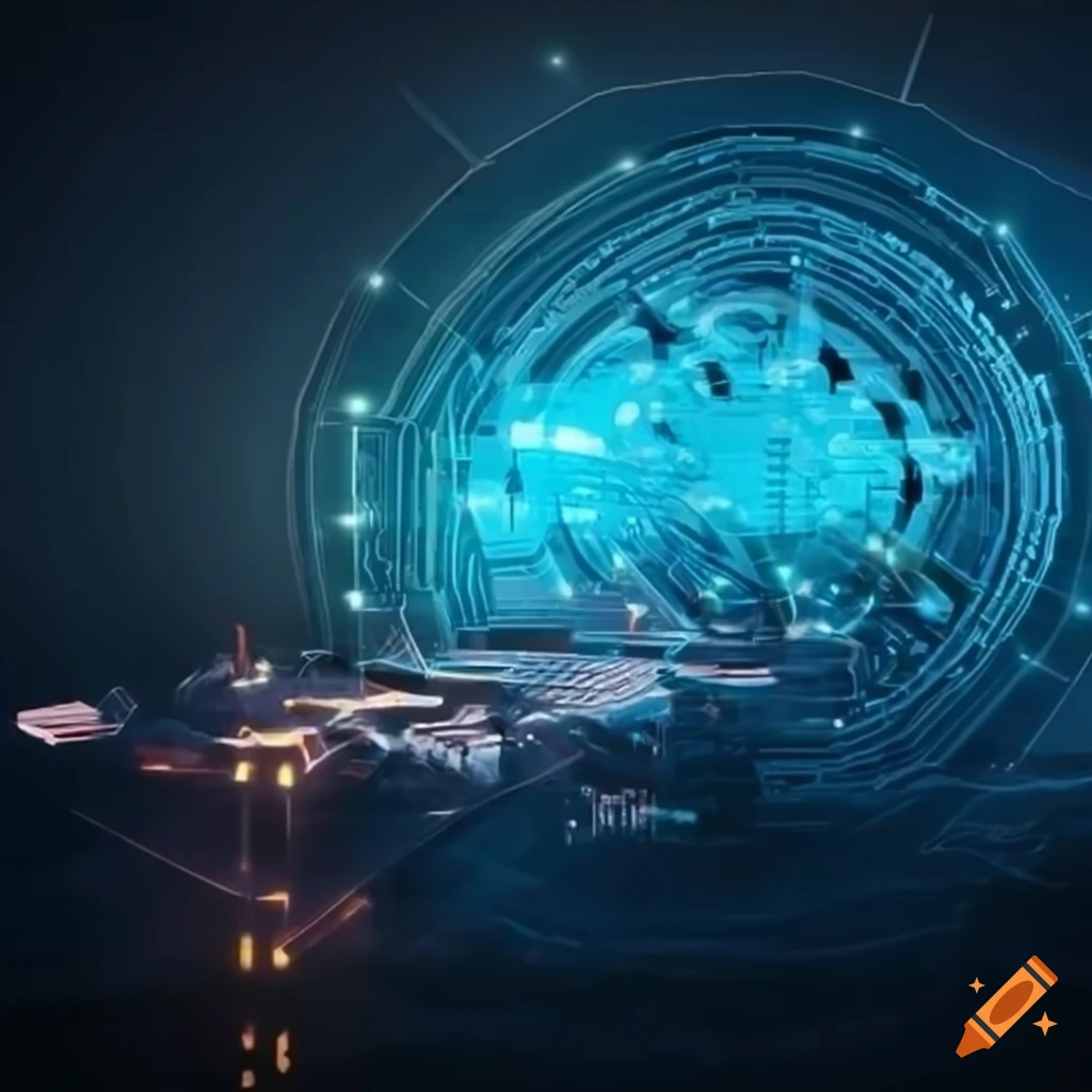 Futuristic interconnected artificial intelligence symbols with a raft ...