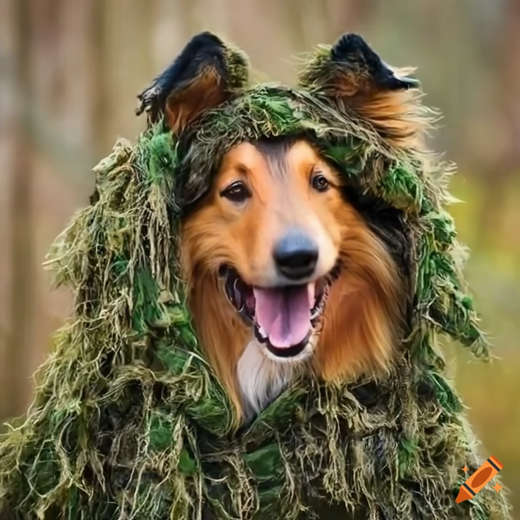 Happy Rough Collie dog in ghillie camouflage suit