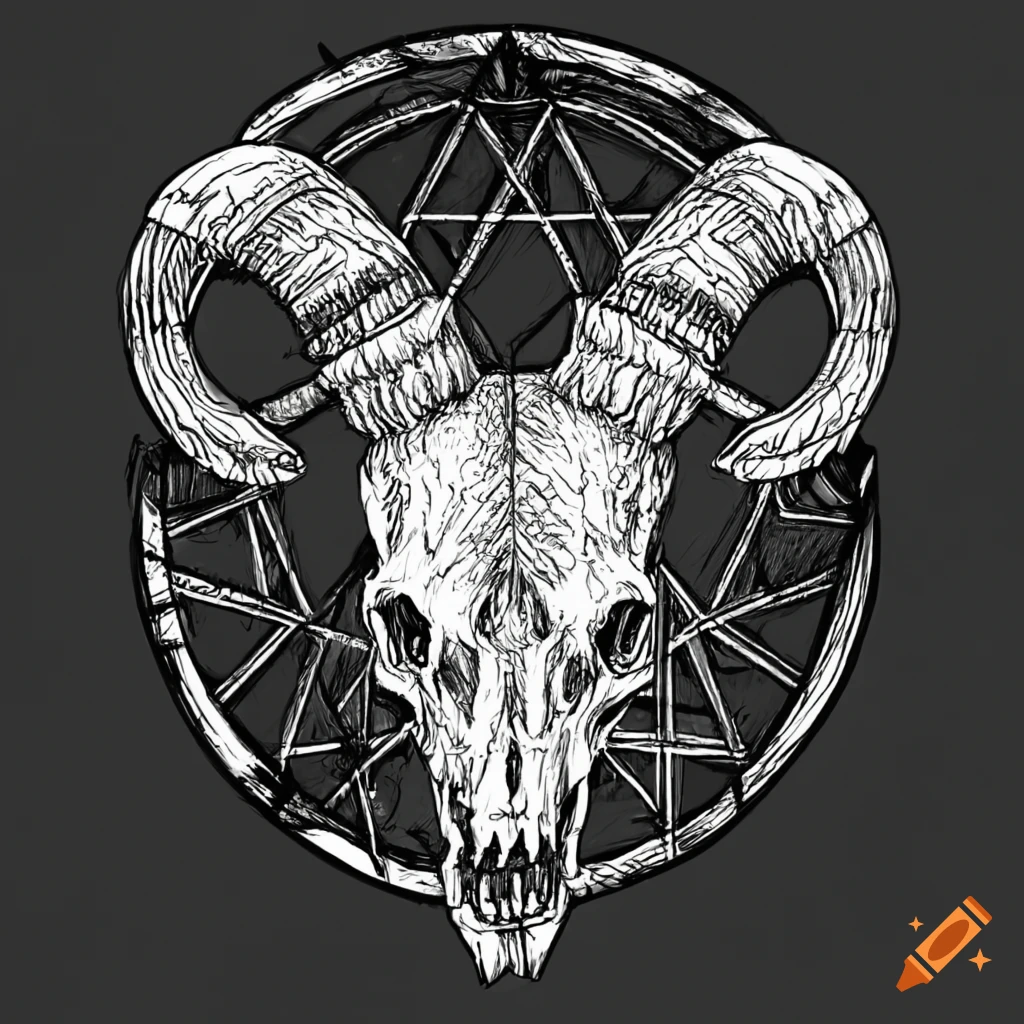 Goat skull in a pentagram on black background in pencil sketch style
