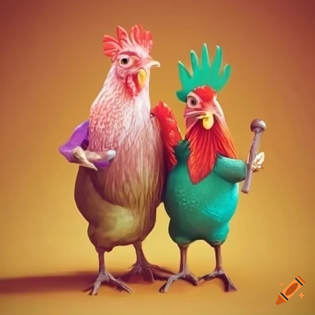 Two chickens holding hammers