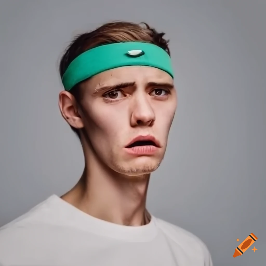 Man with distorted face and tennis headband looking sad in isolation on ...