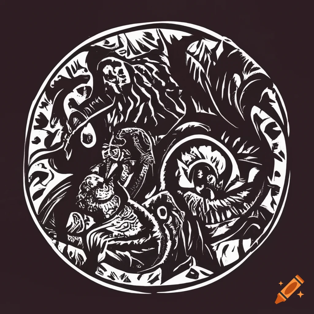 Black and white woodcut style illustration of a Haxan cycle