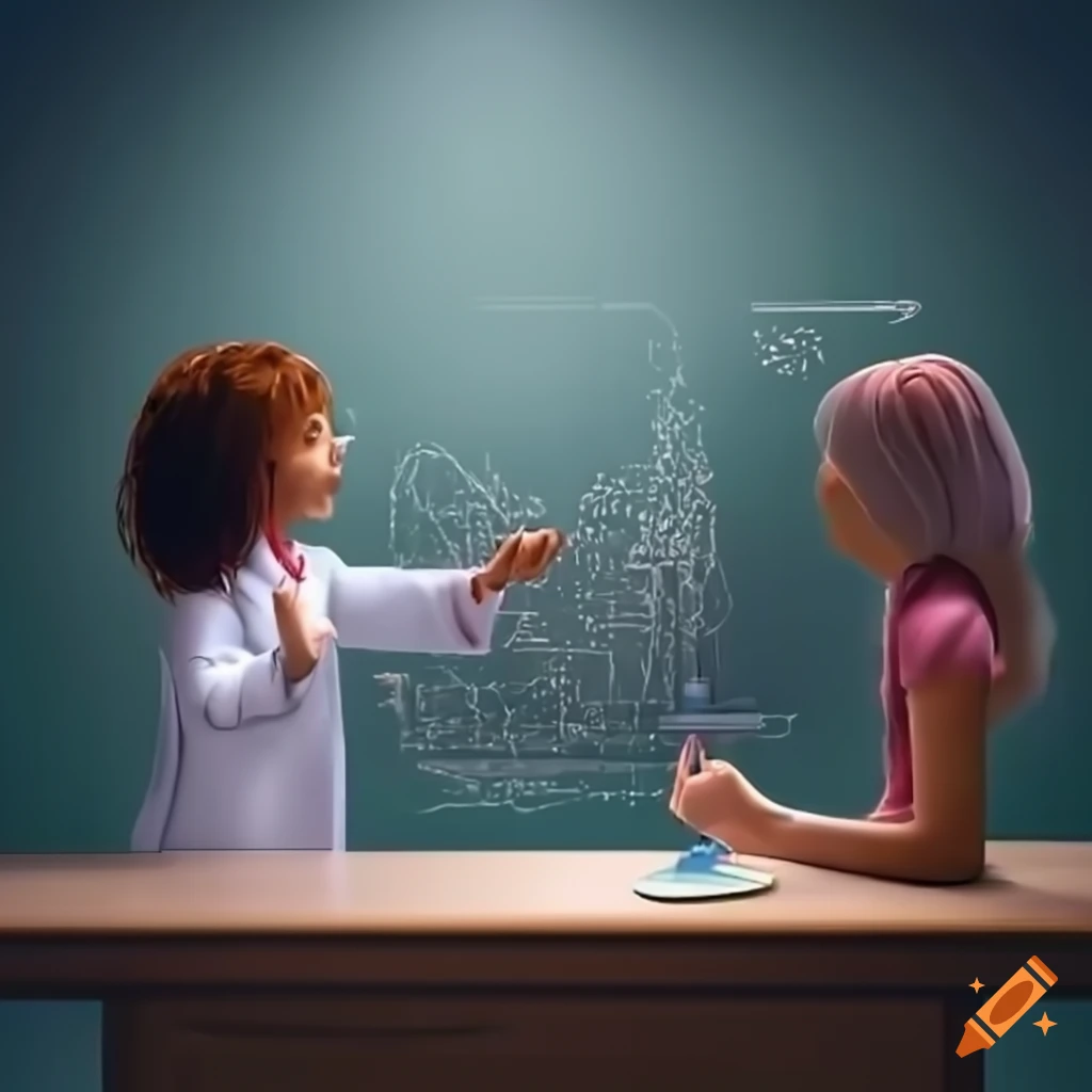 Teacher and female scientist conversing in a well-lit classroom