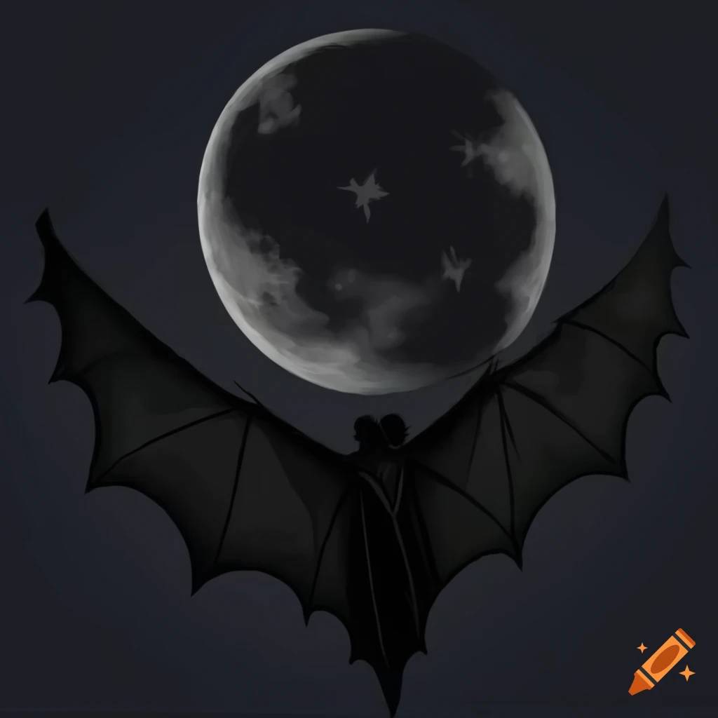 Black and white bat with moon silhouette