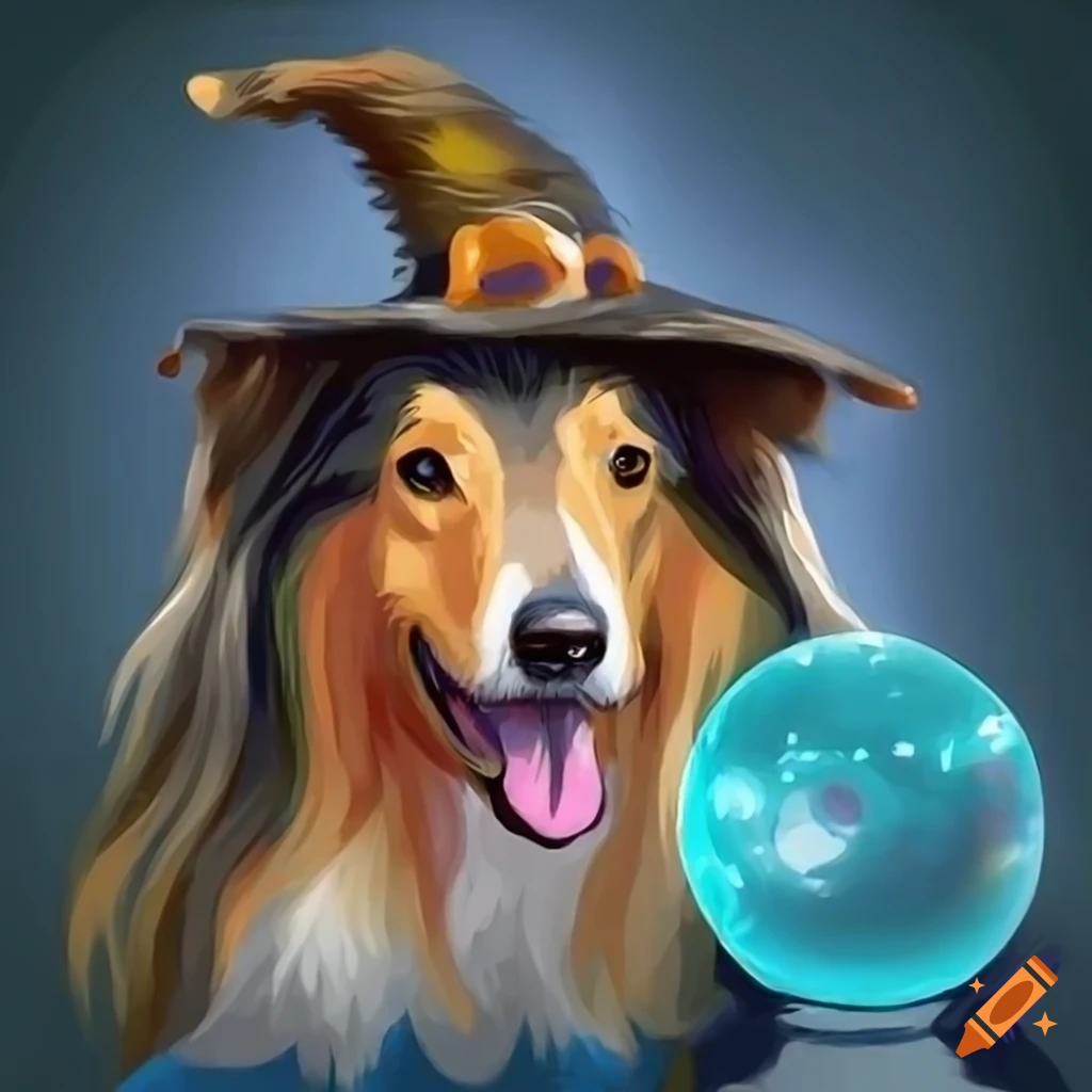 Rough Collie dog in witch attire with crystal ball
