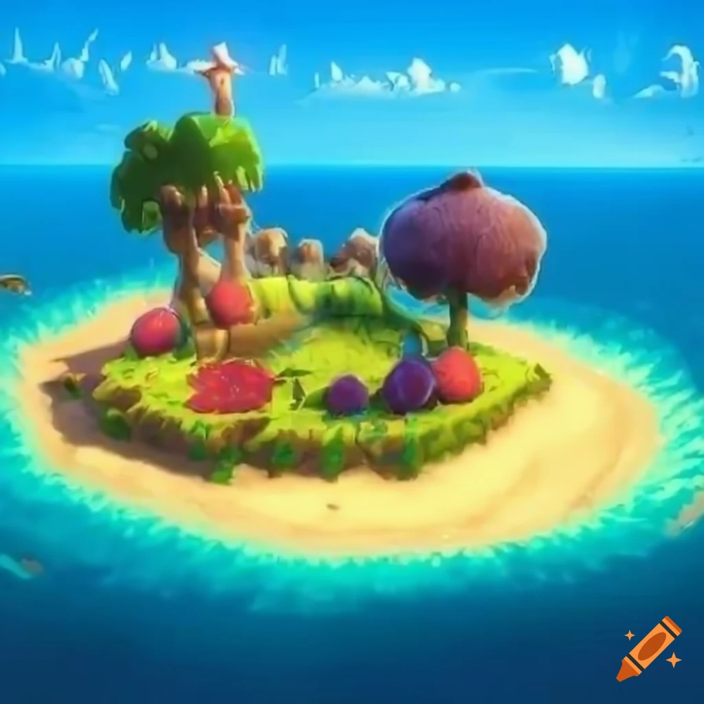 Small island with fruits in a video game setting