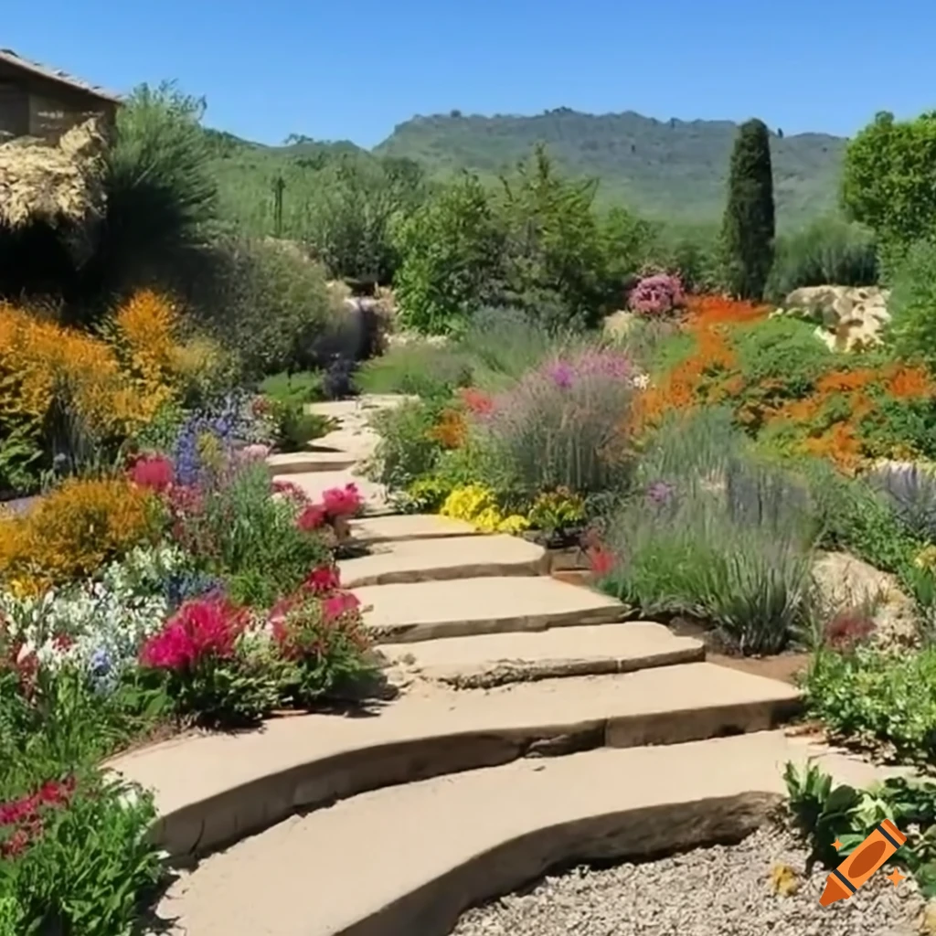 Tuscan dry garden with vibrant wildflowers, cypress trees, gravel and stones