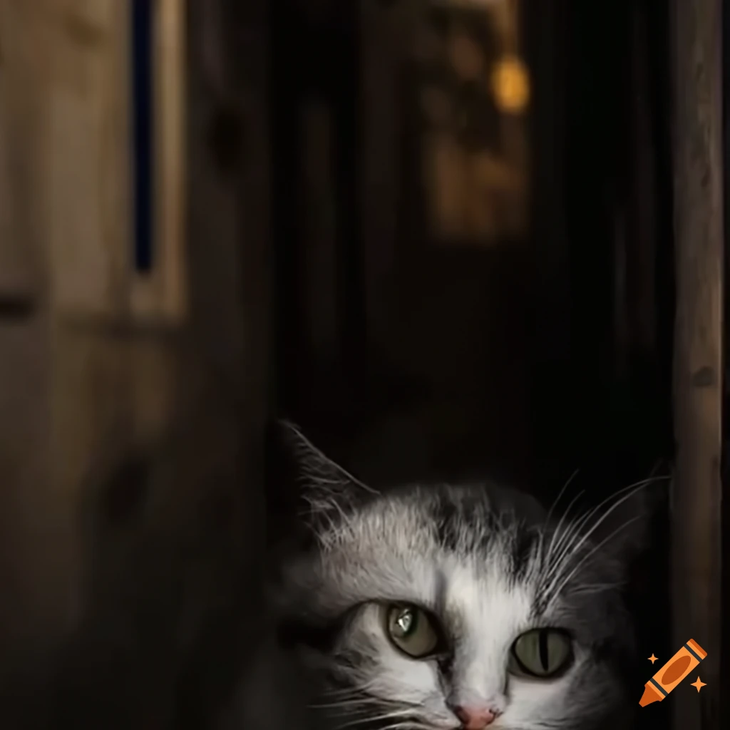 Cat with human-like facial features in colorful Marc Chagall style alley