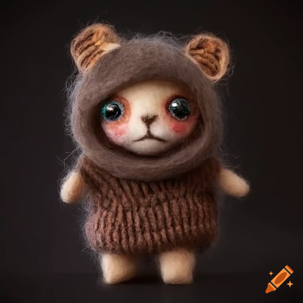 Felted wool creature in cozy wool clothing