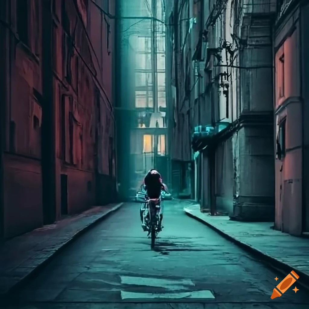Person riding a bike from dark alley to light