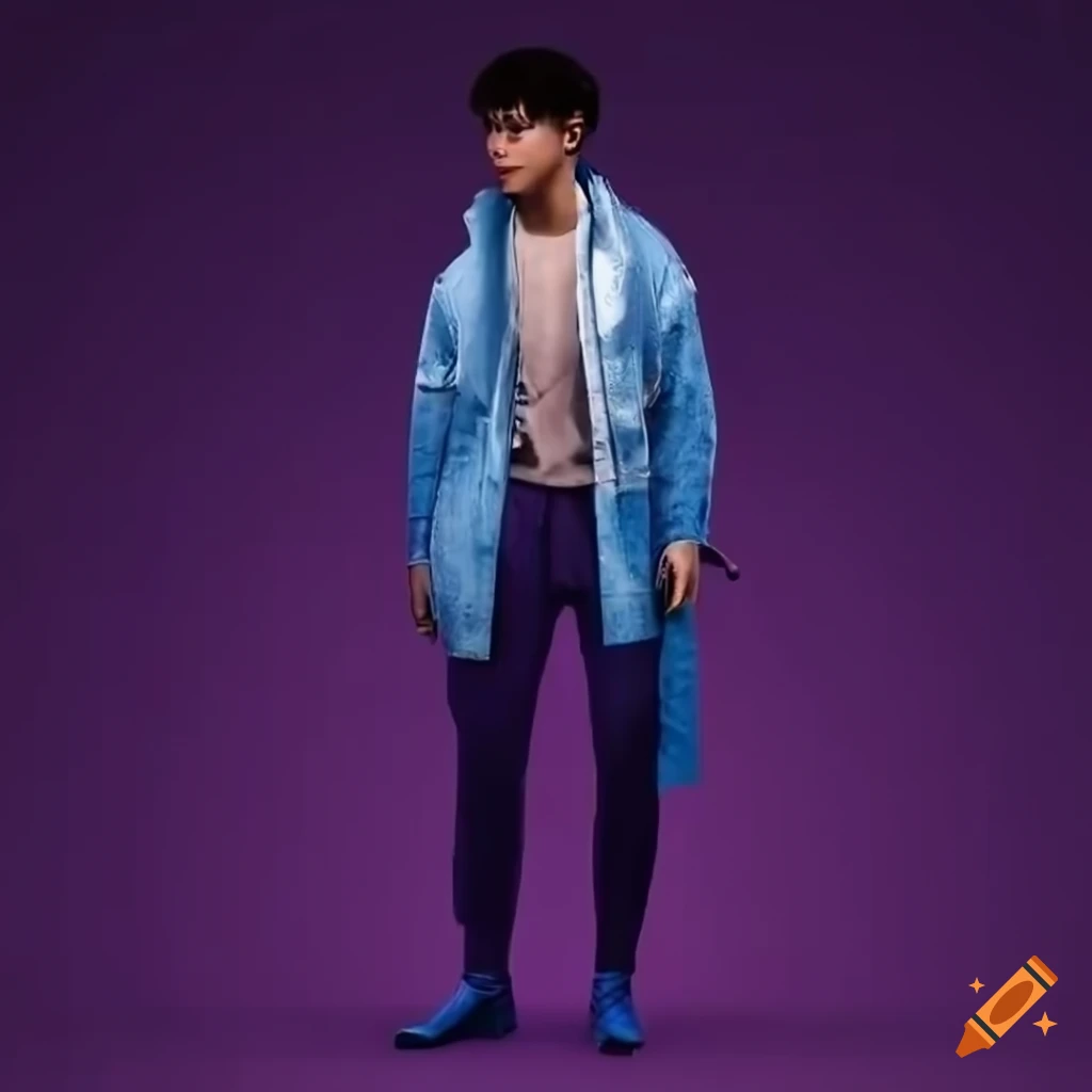 Menswear collection inspired by metaverse with holographic fabric and denim in blue colors